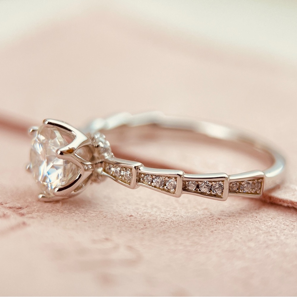 Solitaire Hidden Halo Paved Band Engagement Ring S925 Moissanite 18k Gold Plated - Picture 5 of 7